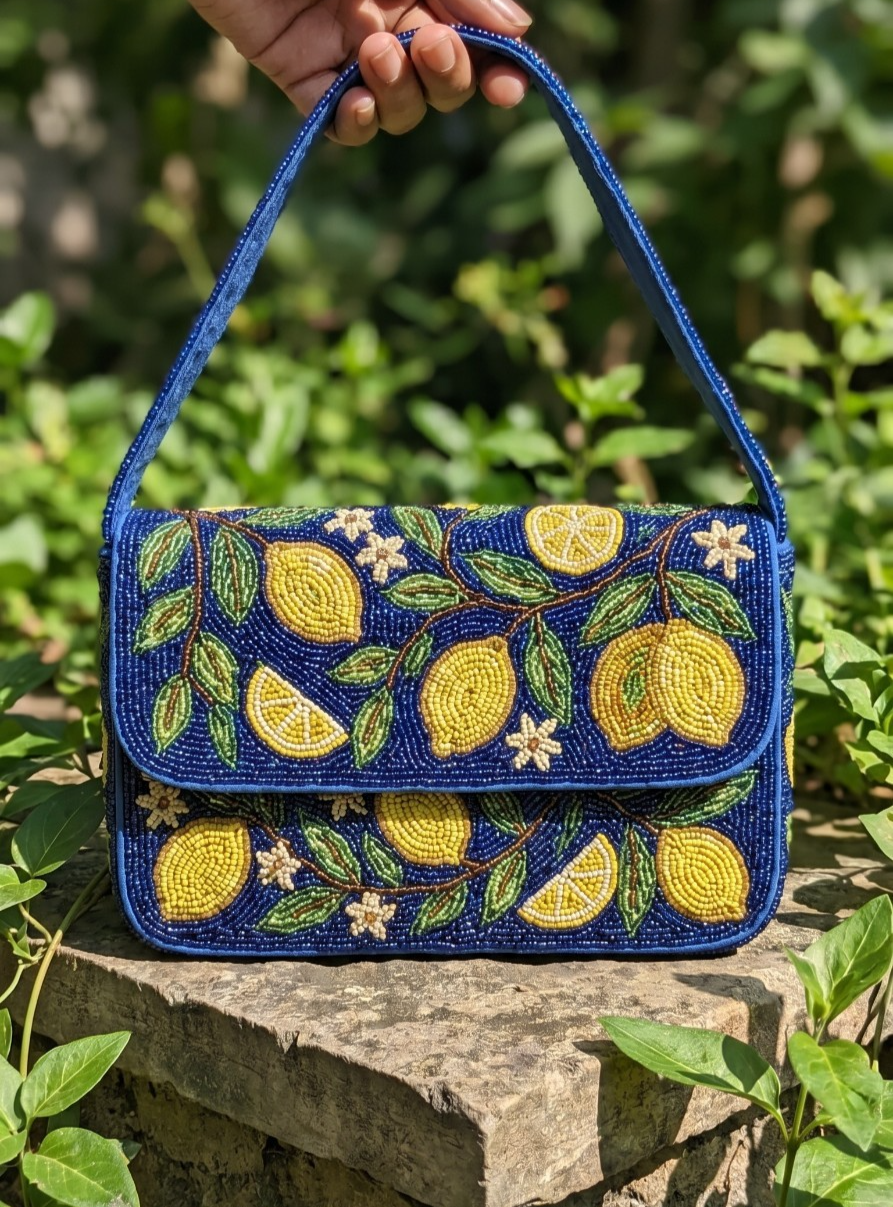 Handmade Beaded Lemon Shoulder Bag Cobalt Blue Citrus Fruit Summer Clasp Purse