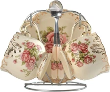 YOLIFE Tea Cups and Saucers 7 Piece Set, Pink Rose with Stand (no gift box) 