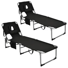 Goplus 2 PCS Outdoor Beach Lounge Chair Folding Chaise Lounge with Pillow Black
