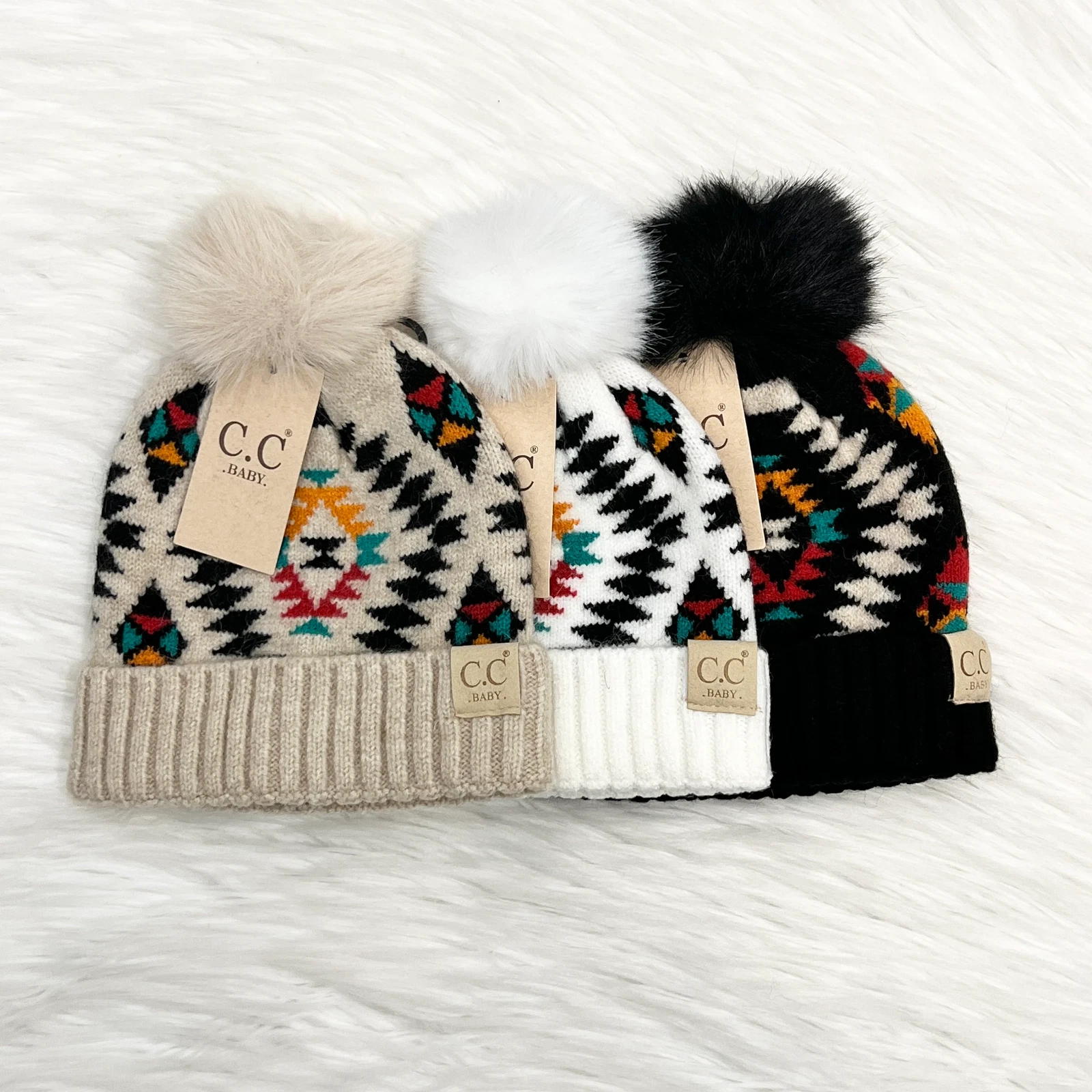 Baby C.C Aztec Pattern Pom Beanie, Winter Hats, Premium Hats, New Born Baby Hats