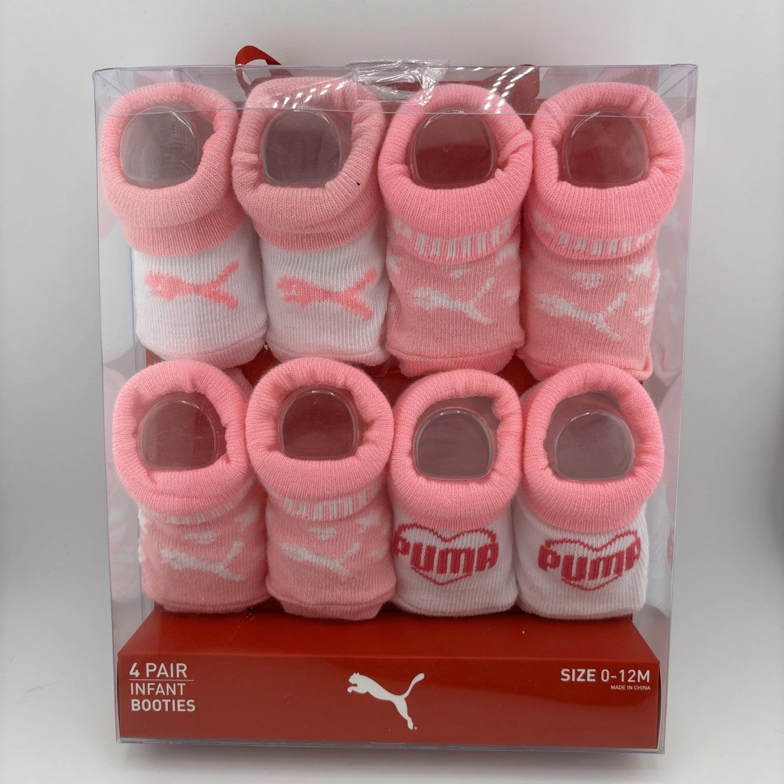 Puma Infant 4 Pairs Pack Pink White Knit Logo Graphic Cuffed Socks Booties 0-12M