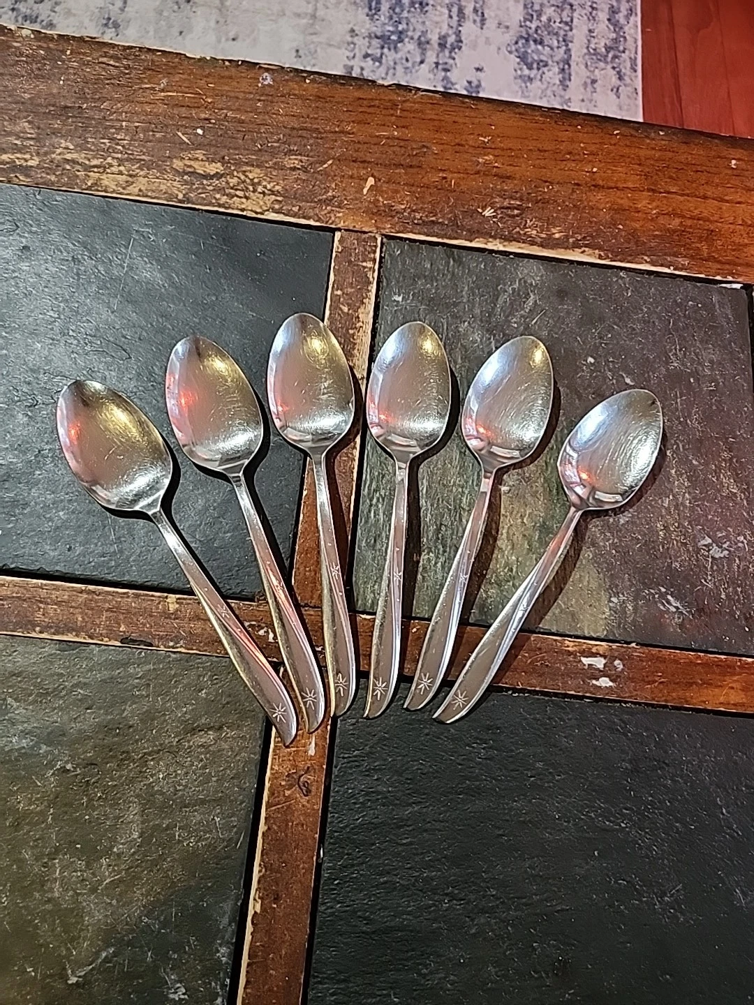 6 Serving Spoons ONEIDA COMMUNITY TWIN STAR STARBURST STAINLESS FLATWARE