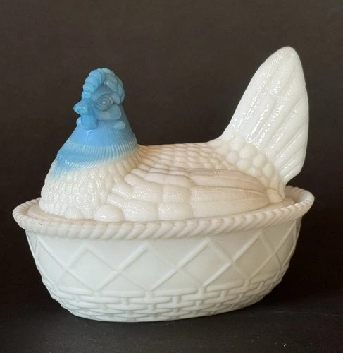 Vintage Westmoreland Blue Slag Head White Milk Glass Hen On Nest Dish