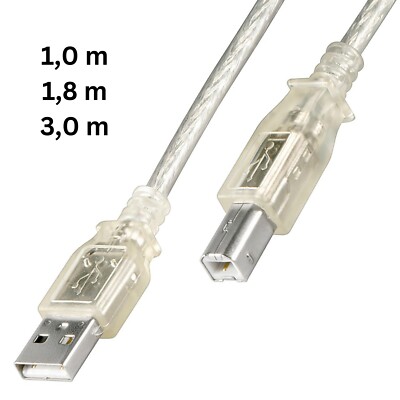 USB 2.0 Kabel USB-A Stecker an B-Stecker transparent für z.B. Drucker 1m 1,8m 3m