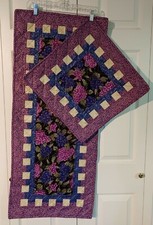 New Handcrafted Quilted Table Runner/Topper Set, Wine, Grapes, 18"x18", 18"x36"