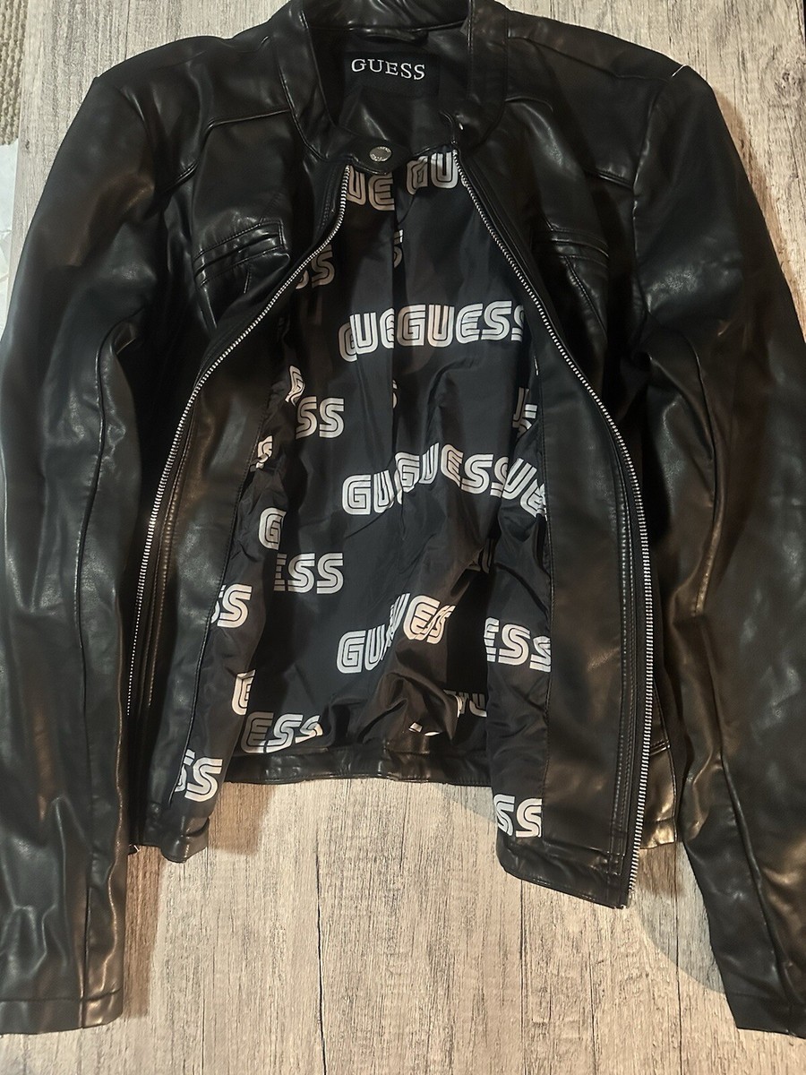 GUESS Women's Black With Logo Pattern Faux Leather Motorcycle