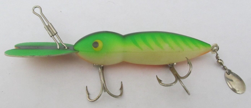 Vintage Luxon Fishing Lure Small Spinner Top Water Green Yellow White and Orange