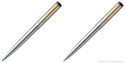 2 X Parker Vector Stainless Steel Gold Trim Roller Ball Pen Blue Ink