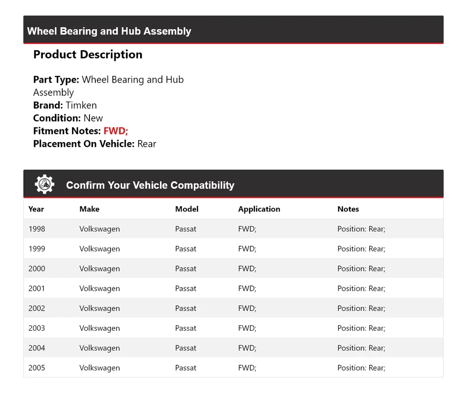Conjunto de cojinete de rueda y buje trasero Timken para Volkswagen Passat 1998-2005 tracción delantera Foto 2 de 4