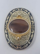 Vintage Cowboy Western Belt Buckle Large Polished Smooth Oval Stone Made In USA
