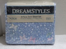 NEW VINTAGE DREAMSTLYLES 3 PC TWIN SHEET SET *BUTTERFLY LACE* BLUE MADE IN USA