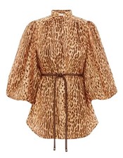 Zimmermann Cascadian Tunic | Blouse, Belt, Leopard Print, Blouson Long Sleeve