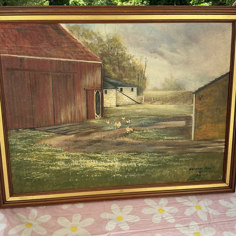 A Painting Of An Old Barn And Farm In Middle Island