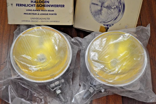 Vintage NOS German Yellow H3 Driving Lights Pair Chrome BMW VW Mercedes 60s 70s - product listing photo