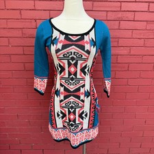 Flying Tomato Tribal Southwestern Knit Sweater Dress Womens Size XS Aztec Blue