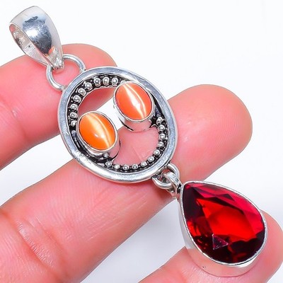Mozambique Garnet & Cat'S Eye Gemstone 925 Silver Plated Pendant 2.6'' S28