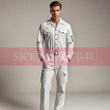 MEN'S GENUINE SOFT LEATHER CATSUIT FRONT BUTTON OVERALL BODYSUIT JUMPSUIT WHITE