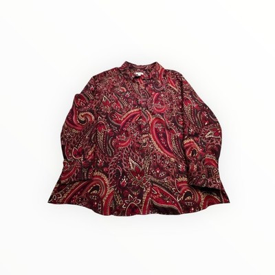 Croft & Barrow Womens 1X Paisley Button Down Shirt Burgundy Long Sleeve Blouse