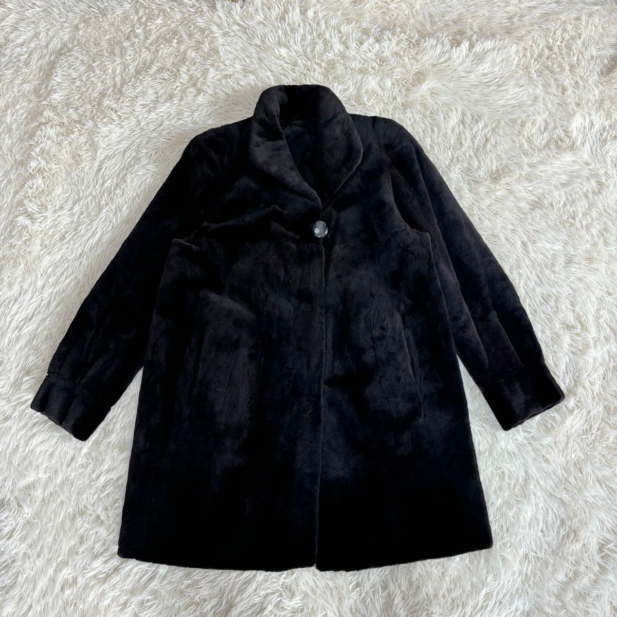 SAGA MINK Sheared Black Real Fur Coat Free Size Shoulder Pads Women's Authentic