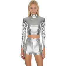 Womens Outfits Latin Sets Stage Dancewear Party Metallic Tiered Shiny Two Piece