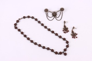 Vintage Silver Garnet Jewellery 3x Antique Necklace Brooch Earrings 46.20g