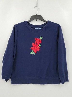 Holiday Editions Womens Sweater Size Large Navy Flower Ponseta Cotton Blend