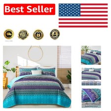 Cozy All-Season Blue Purple Boho Quilt Set - 96"x90" Queen Size for Modern Homes