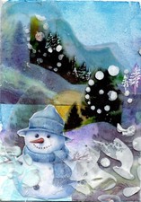 ACEO original art 1/8 Handmade Collage - Sunrise Scene Snowman by Tehillah