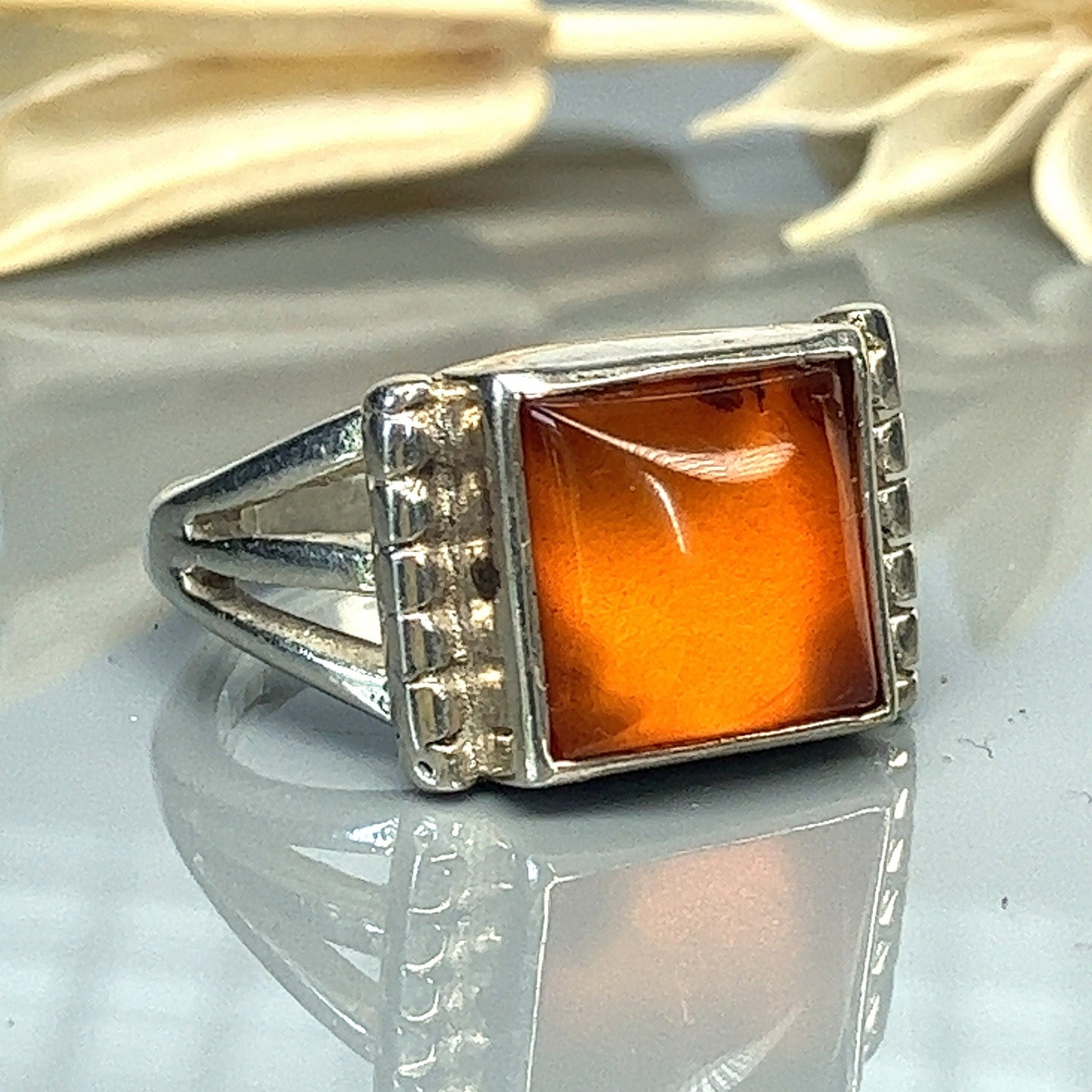 Square Orange Amber Sterling Silver Solitaire Rin… - image 1