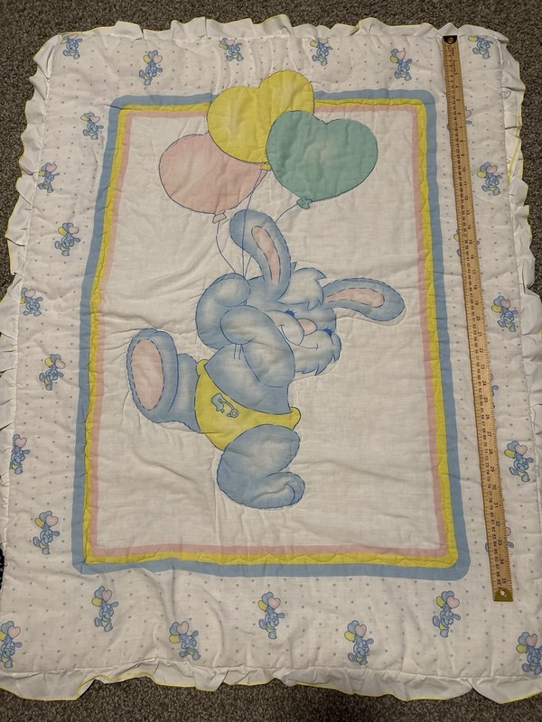 Vintage Quilted Crib Blanket- Bunny Balloons- White Blue Pink Yellow