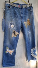 Upcycled  OOAK Distressed Boho Boyfriend Jeans Appliques W/Keychain Sz 33-36  