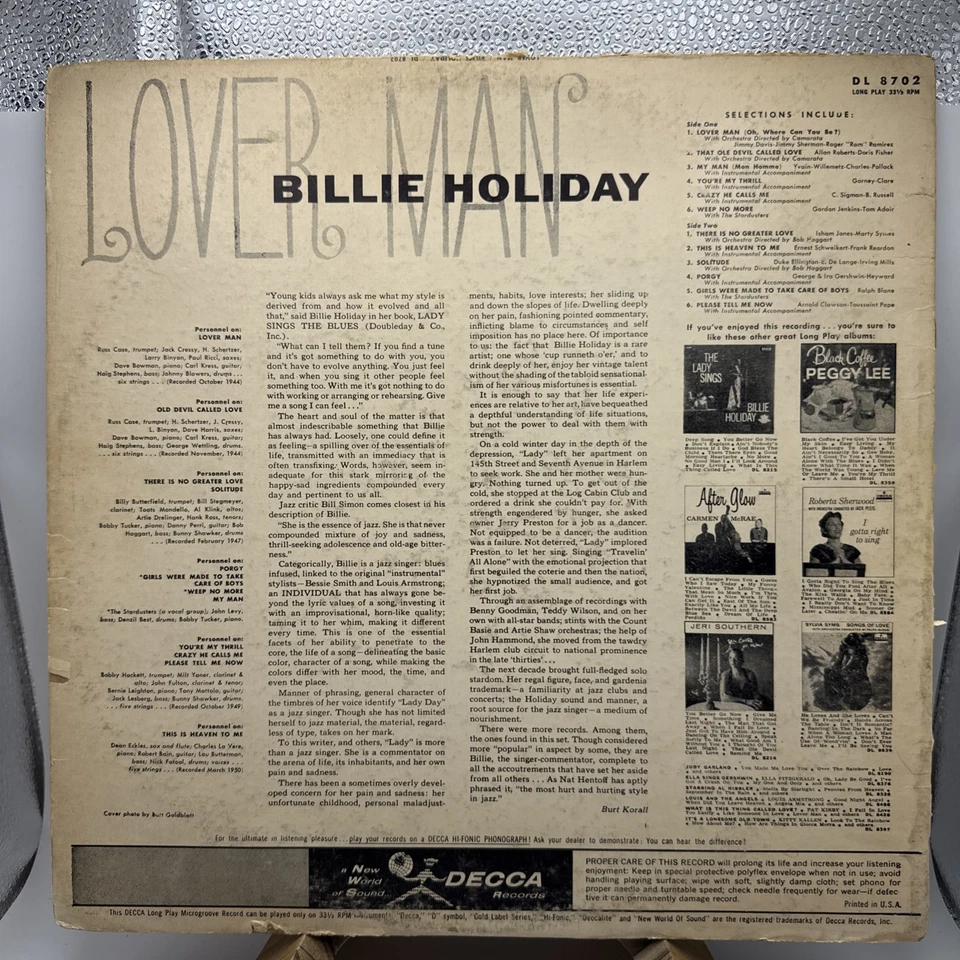 Billie Holiday Lover Man 1960 Decca Records DL 8702 (Vinyl) 12" LP VG+ - Image 2 of 4