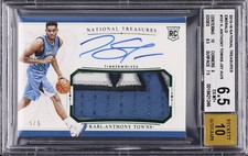 Karl-Anthony Towns 2015 Panini National Treasures Emerald Rookie Patch Auto /5