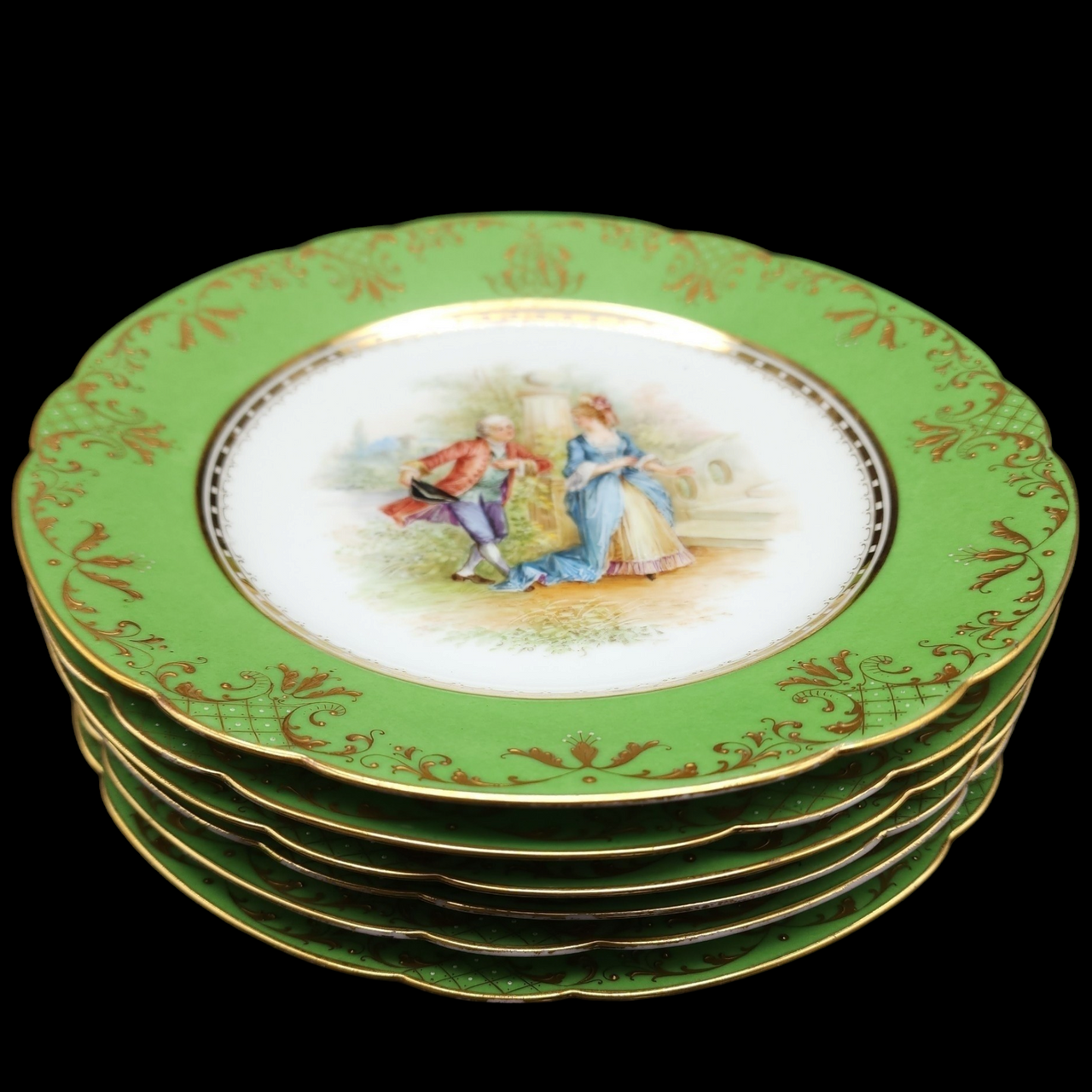 Ambrosius Lamm Dresden Green Rim Dinner Plates with Different Scenes