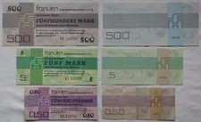 3 DDR Banknoten 0,50, 5 und 500 Mark Forum Scheck 1979 (160945)