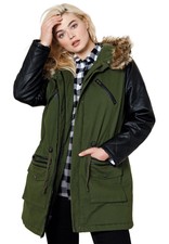 Ellos Women's Plus Size Quilted Faux Leather Sleeve Parka