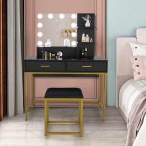 Vanity Makeup Table Set with 10LED Lighted Mirror Bedroom Dressing Table Black - Click1Get2 Offers