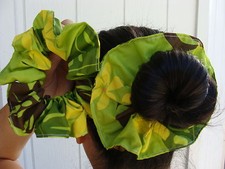 Handmade Sewn Fabric Hair Scrunchie Green Brown Ferns Flowers polyester cotton