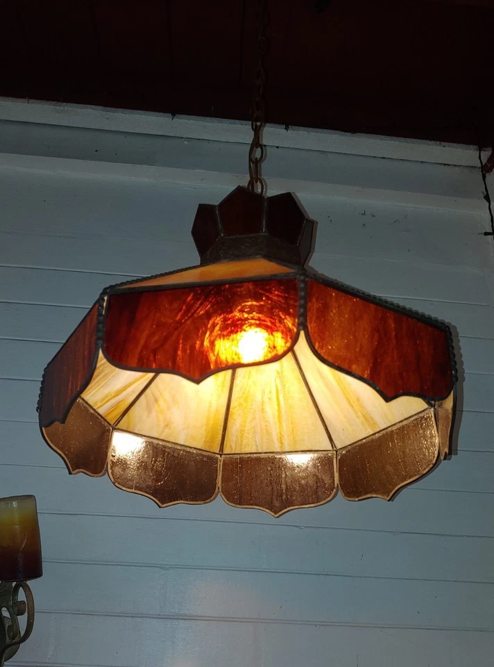 Rare Vintage  Stained  Slag Glass  Hanging Light Fixture Earth Tones - Image 2 of 4