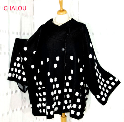 CHALOU Designer Strick CARDIGAN  M -  OVERSIZE 52 54 56  + schwarz WEISSE PUNKTE