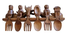 Unique Hand Carved Primitive Rustic Wood Spoon Fork Wall Handing Folk Art-#21