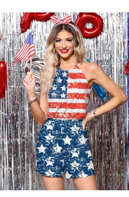 Woman’s M  Romper Shorts One Piece Patriotic Sleeveless 4th Of July