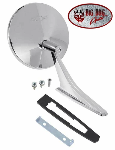 1967 Camaro Outer Door Mirror W/ Chevy Bow Tie Logo & Ribbed Base 
