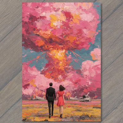 Art Print Couple Walking Red Dress Black Suit Colorful Explosion Abstract Love C