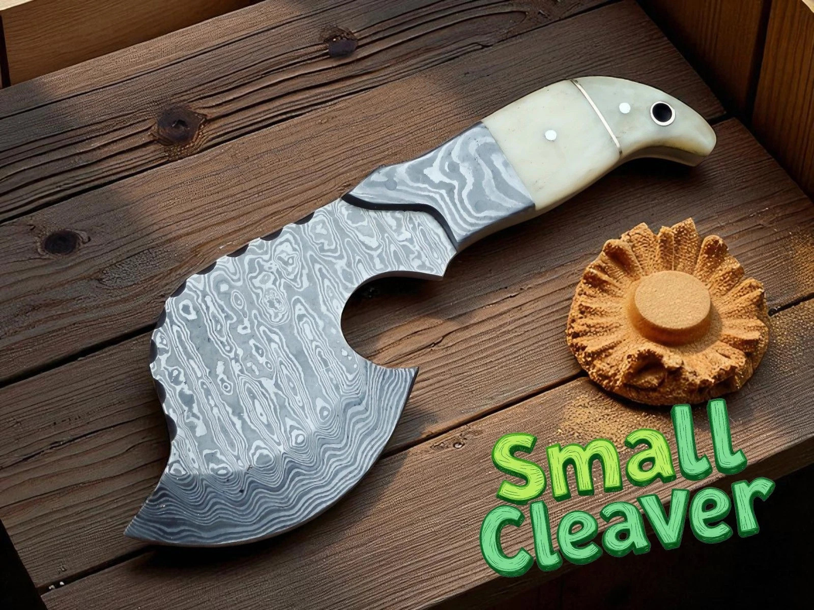 Custom Handmade Damascus Steel Camel Bone Handle Mini Cleaver Knife With Sheath