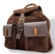 Vintage Gucci Brown Suede  Leather Bamboo Backpack   Iconic 90s Luxury