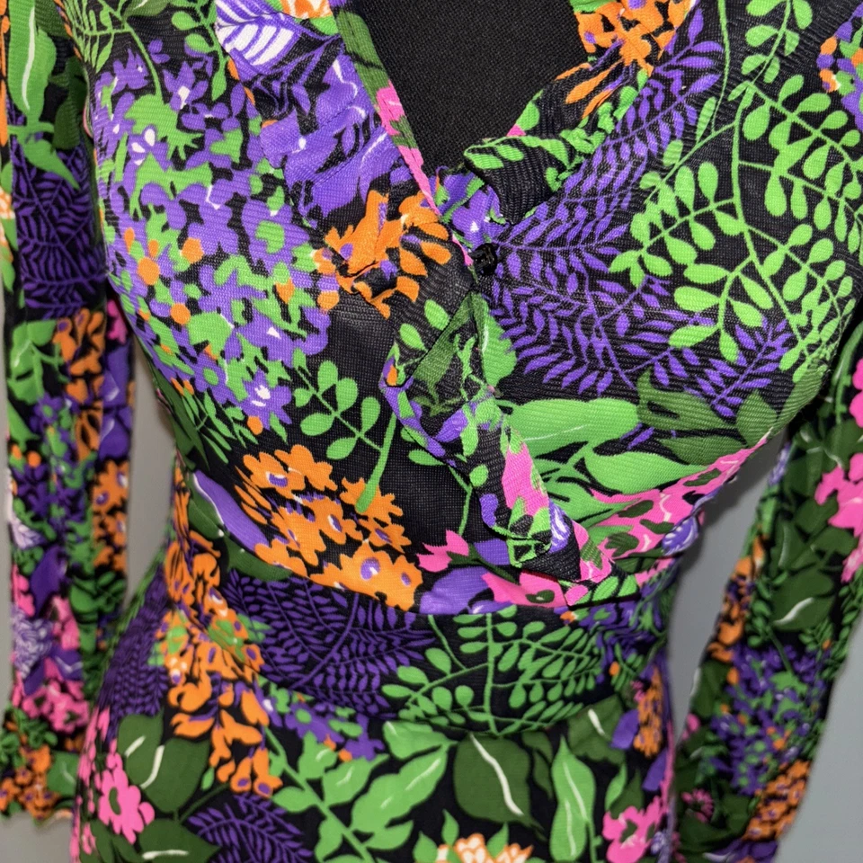 Maxi Vestido Vintage Años 70 Negro Floral Volantes Cuello en V Manga Larga Retro Hippy Talla S Foto 4 de 4