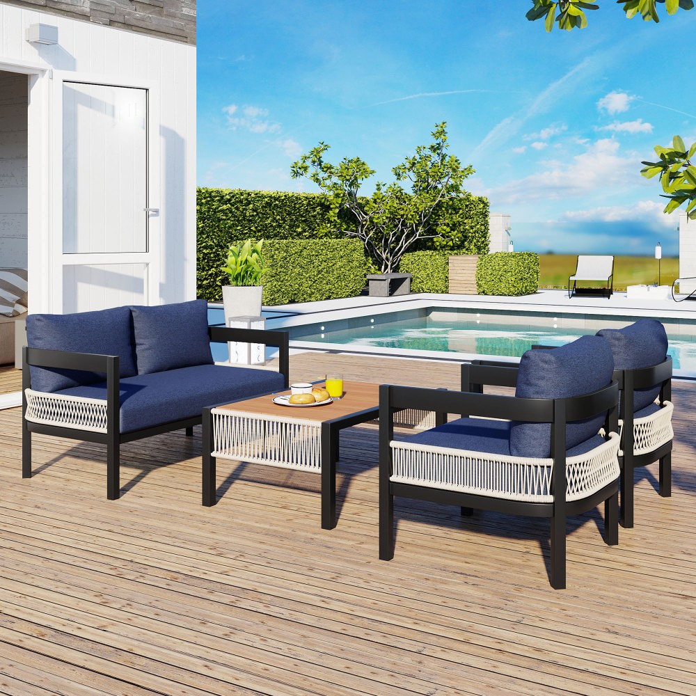 U-Style Multi-person Blue Outdoor Iron Sofa Set - With Table, Rattan Decor