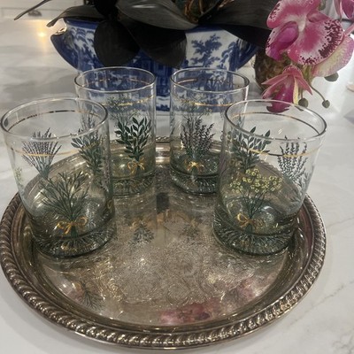 Culver Glassware ~Signed Set of 4- MCM ~ Old Fashioned ~22K Gold Spices Herbs 