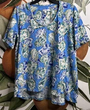 Chicos Size 2 US Large Blue Seashells Print Rolled Sleeves Modal Blend Shirt Top